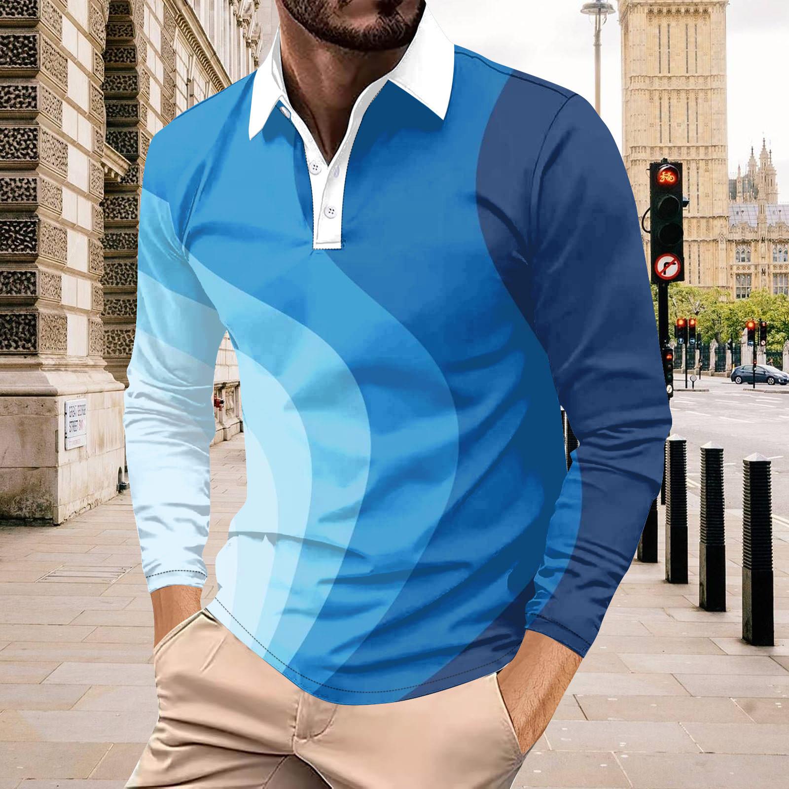

Чоловіча сорочка для гольфу, повсякденна, спортивна, з V-подібним вирізом, ребристим коміром, довгим рукавом, модна повсякденна одноколірна однотонна весна та літо, звичайного крою XXL синій