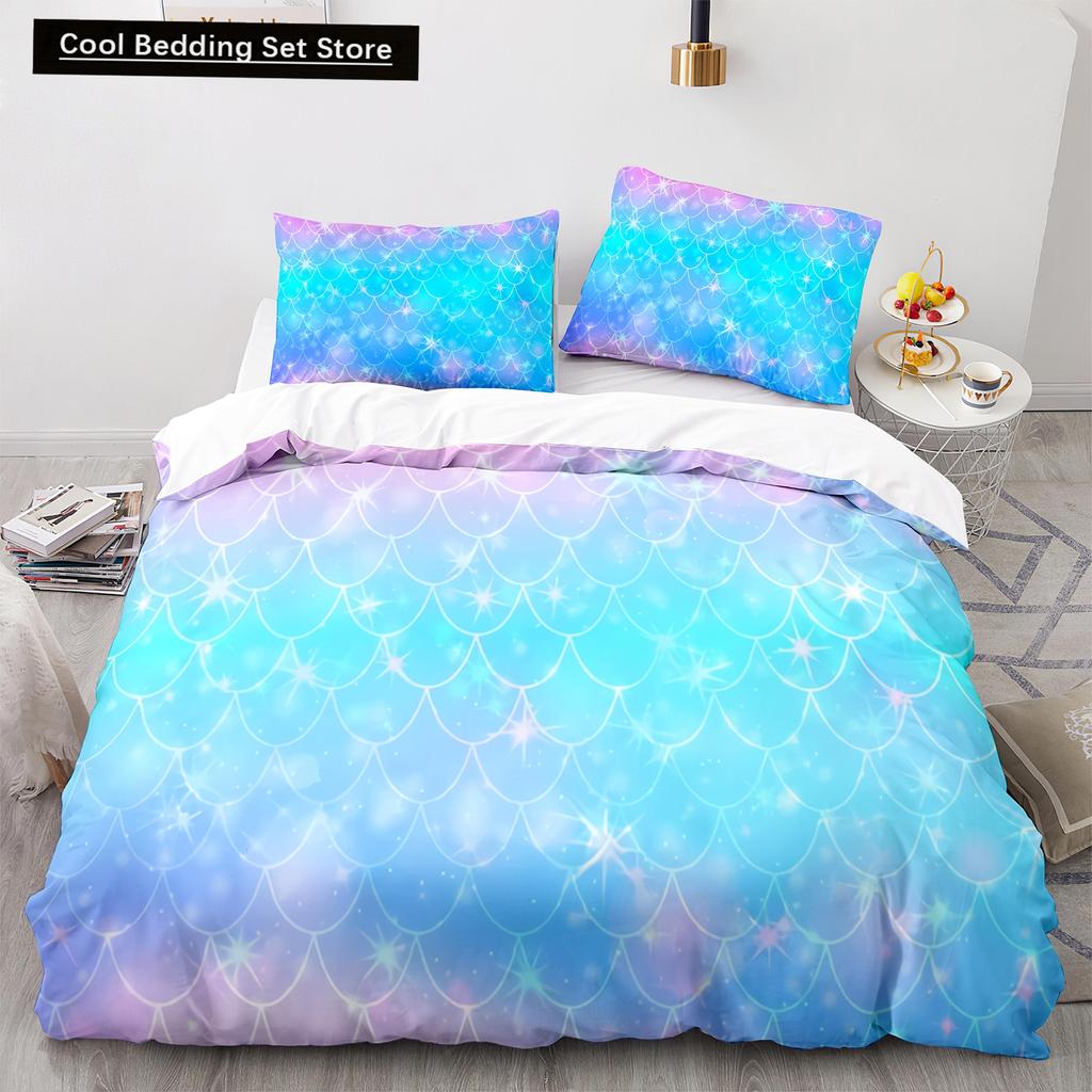 Mermaid Tail Duvet Cover King Queen Size Kids Fish Scales Bedding Set Girly Ocean Animal Princess 2/3pcs Polyester Quilt Cover