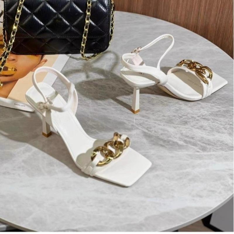 Fashion Summer New Large Chain High Heels Women's Square Toe Open Toe One Strap Stiletto Temperament Non-slip Sandals