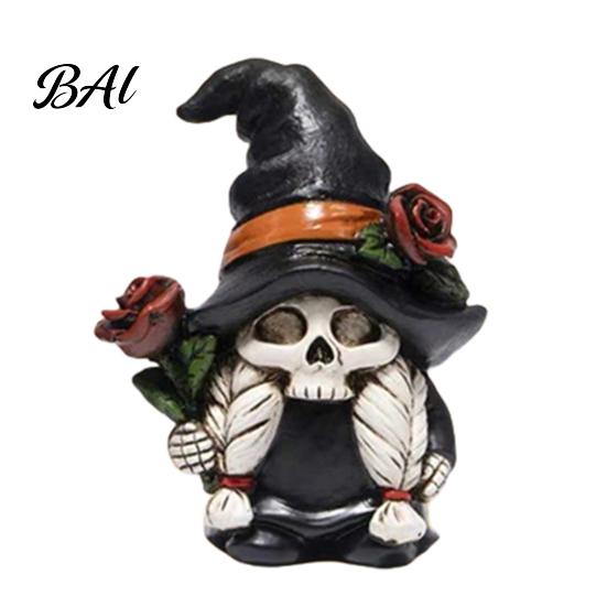 Seasonal Gnome Ornament Halloween Skeleton Figurine, Gothic Witch Hat Dwarf Statue, Figurine Holding Rose Sculpture for Party Decoration