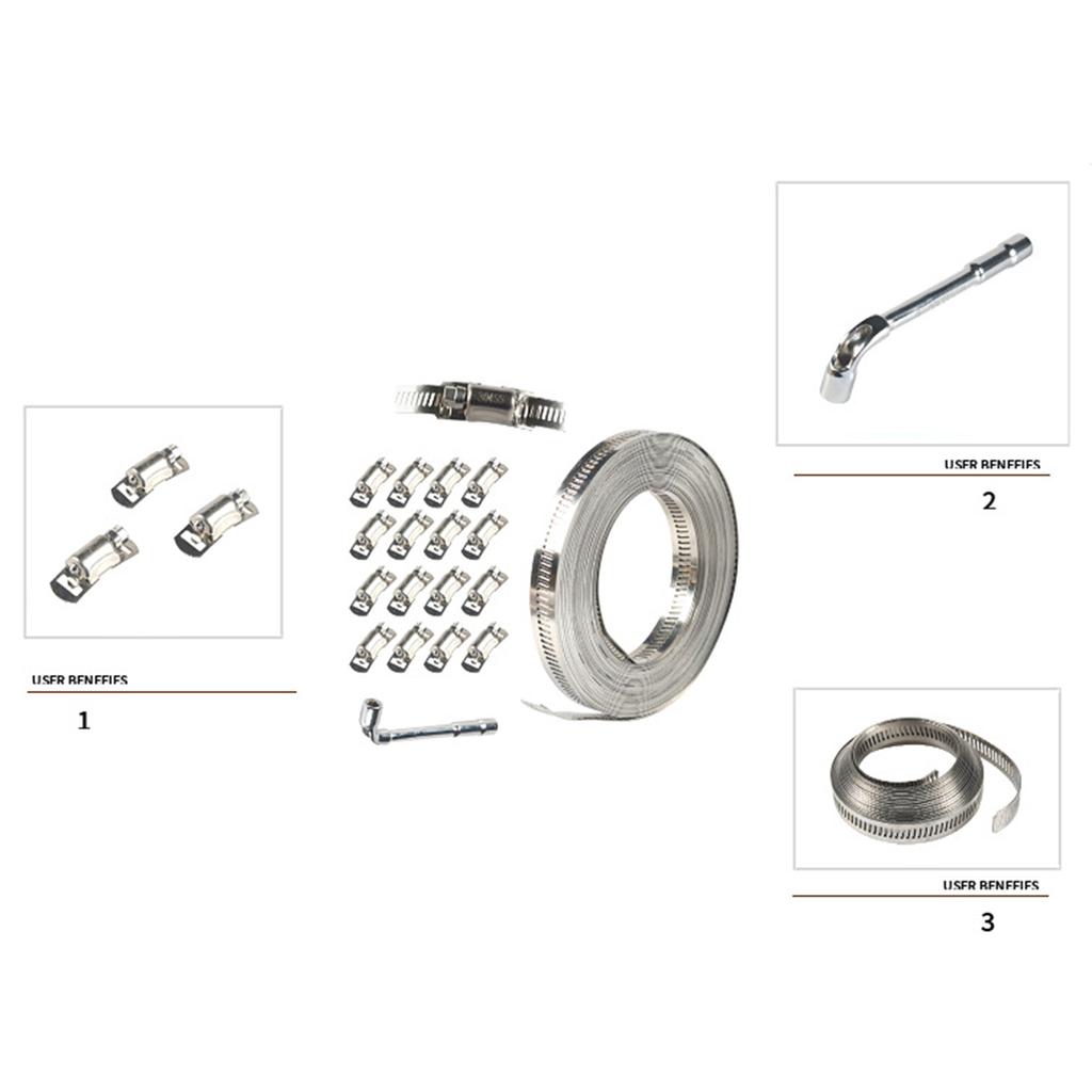 Hose Clamps 304 Stainless Steel 3.5/10m Hole Tape Metal + 8/16Pcs Attachment DIY Hose Clamp Set Adjustable Hose Clamp