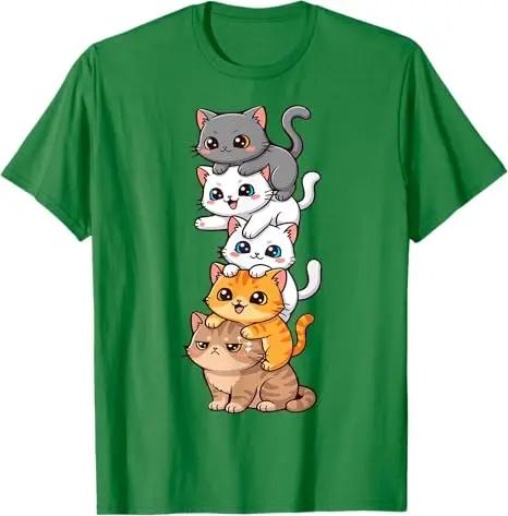 Cute Cat Stack Graphic Tee Soft Breathable Cotton Short Sleeve TShirt Casual Outfit S