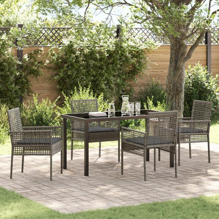 VidaXL Ensemble de repas de jardin 5 pièces avec coussins Gris Poly Rattan 3379879
