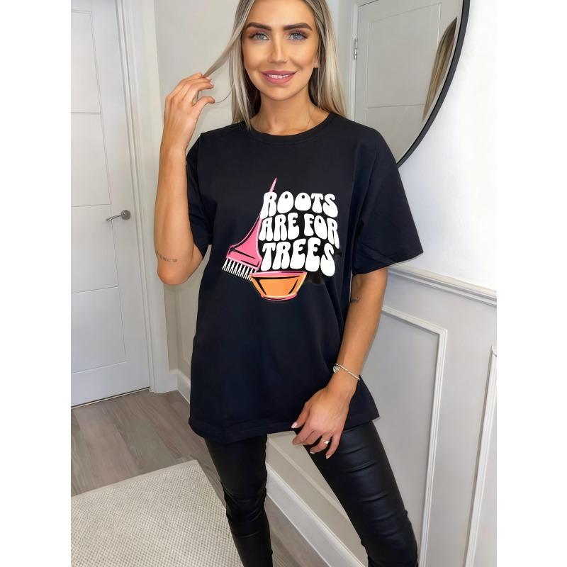 Oversized T Shirt Black Roots Are For Trees Graphic Print With Boot And Pot Design Casual Wear For Women Summer Outfit Streetwear Style