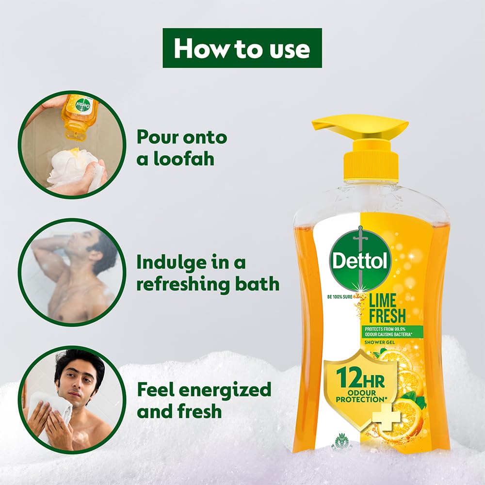 Dettol Body Wash and Shower Gel, Lime Fresh - 500ml | Soap-Free Bodywash | 12h Odour Protection
