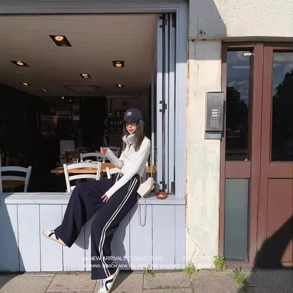 Women's Retro Color-Block Striped Wide-Leg Pants - Spring/Autumn Casual Loose Slimming Straight-Leg Long Sports Pants