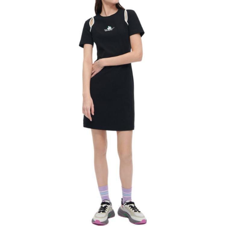 Fila Fusion Casual Slim Fit Letter Print Round Neck Short Sleeve Dress Women Dresses Black T11W422307F-BK