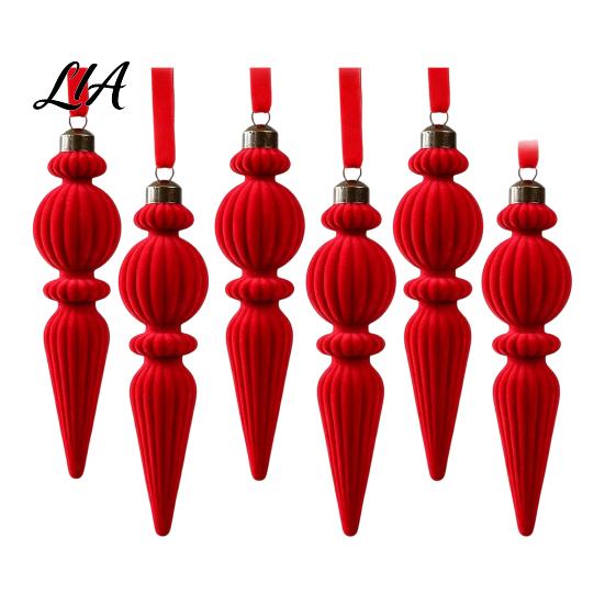Retro Icicle Hanging Decorations 6Pcs Christmas Flocked Pendant with Lanyard, Creative Tree Hanging, French Vintage Style Baubles Shape Ornaments for
