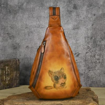 Bolsa de Peito Retro com Estampa de Animal Couro Genuíno Feito à Mão Mochila de Couro de Vaca Versátil Bolsas Transversais Femininas