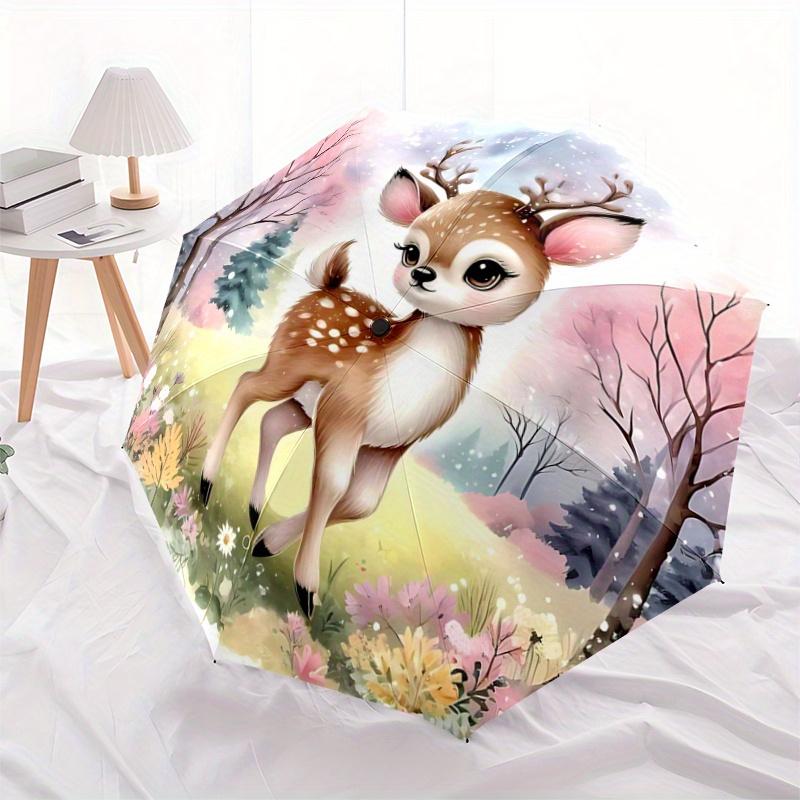 

1pc Cute Deer Cartoon Durable Cartoon Folding Umbrella, Portable 3-Fold Compact Umbrella for Men and Women, Suitable for Travel or Daily Use
