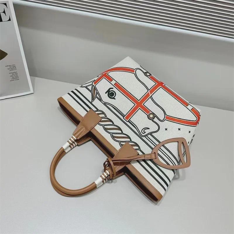 2024 High-End Women's Canvas & Leather Tote: Versatile, Large-Capacity, Handheld or Shoulder Bag