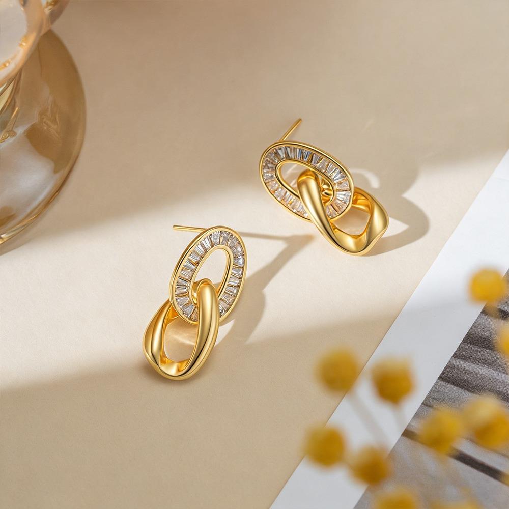 Luxury Gold Tone Stainless Steel Two‑Link Interlocked Drop Earrings Baguette Cut Zircon Paved Dangle Earrings for Women Jewelry