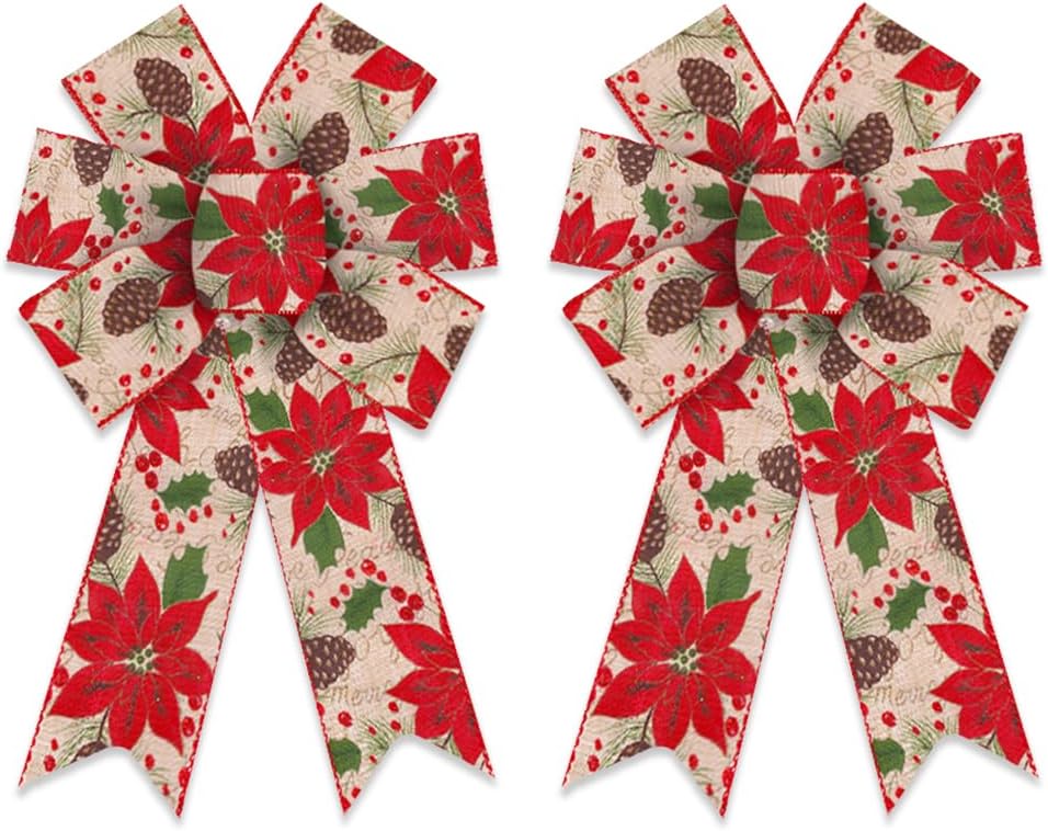 

2Pack Christmas Wreath Bows Red Flowers Pinecone Burlap Linen Medium Tree Topper Bow for New Year Home Xmas Party Decor Ornament 12.99 x 8.46 in