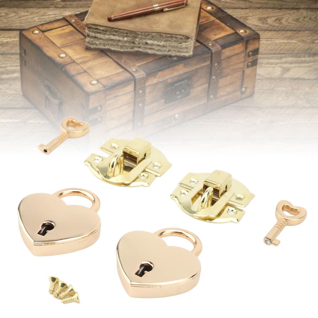 2 Sets Wooden Box Hasp Padlock Set Antique Zinc Alloy Hasp Clasp and Hrt Shaped Padlocks with Keys