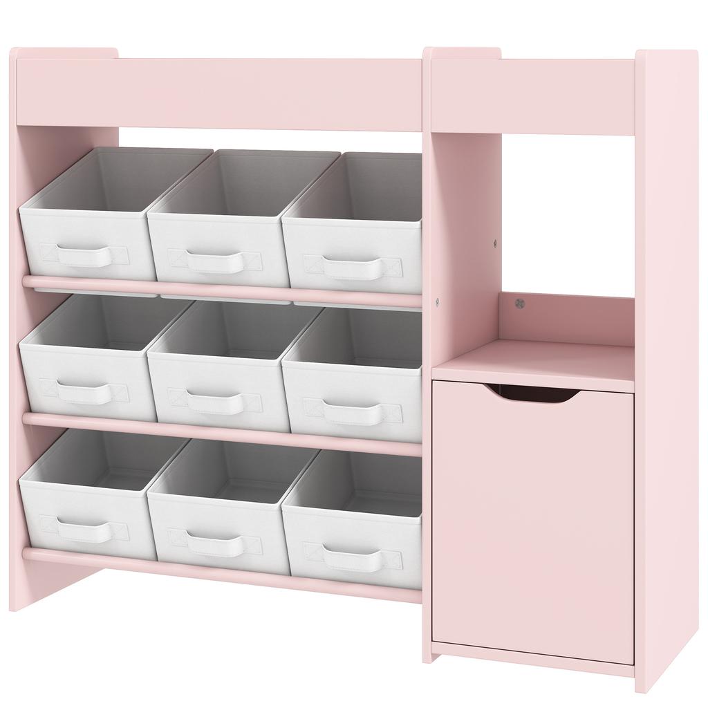 Kids Toy Storage, 9 Removable Fabric Bins, Wooden Toy Storage Units for Toys and Books for Bedroom, Nursery, Pink