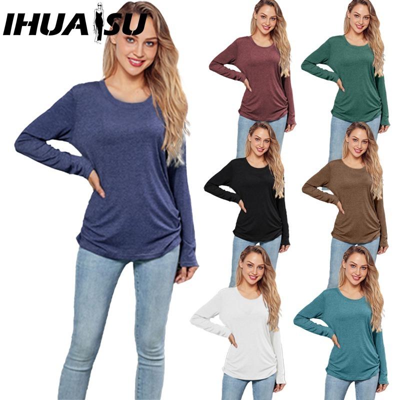IHUASU Women's Fashion Casual Solid Color Print Long Sleeve O Neck Blouses & Shirts