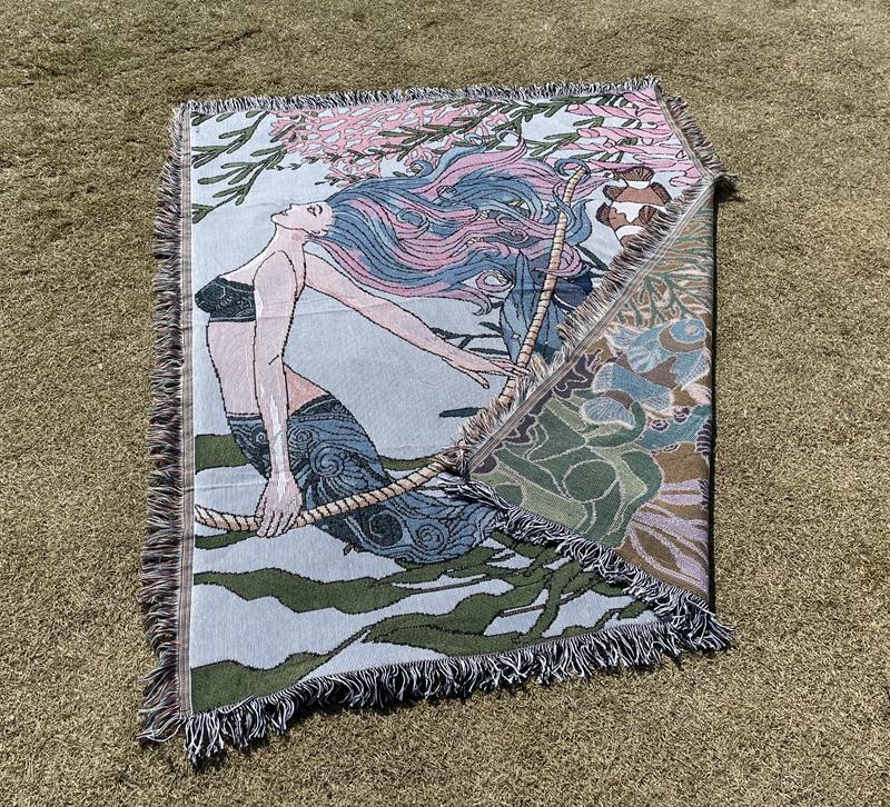 Jacquard Woven Throw Blanket Kids Adult Little Mermaid Blanket Rugs With Tassel