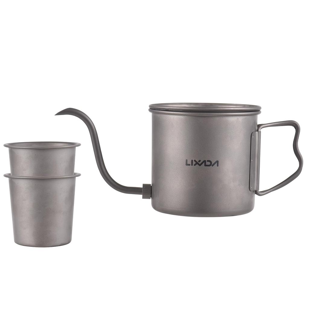 LIXADA Titanium Coffee Pot, Titanium Kettle with Spout, 400ml + 2 Cups, Folding Handle, Water Kettle with Lid, Gooseneck Coffee Pot