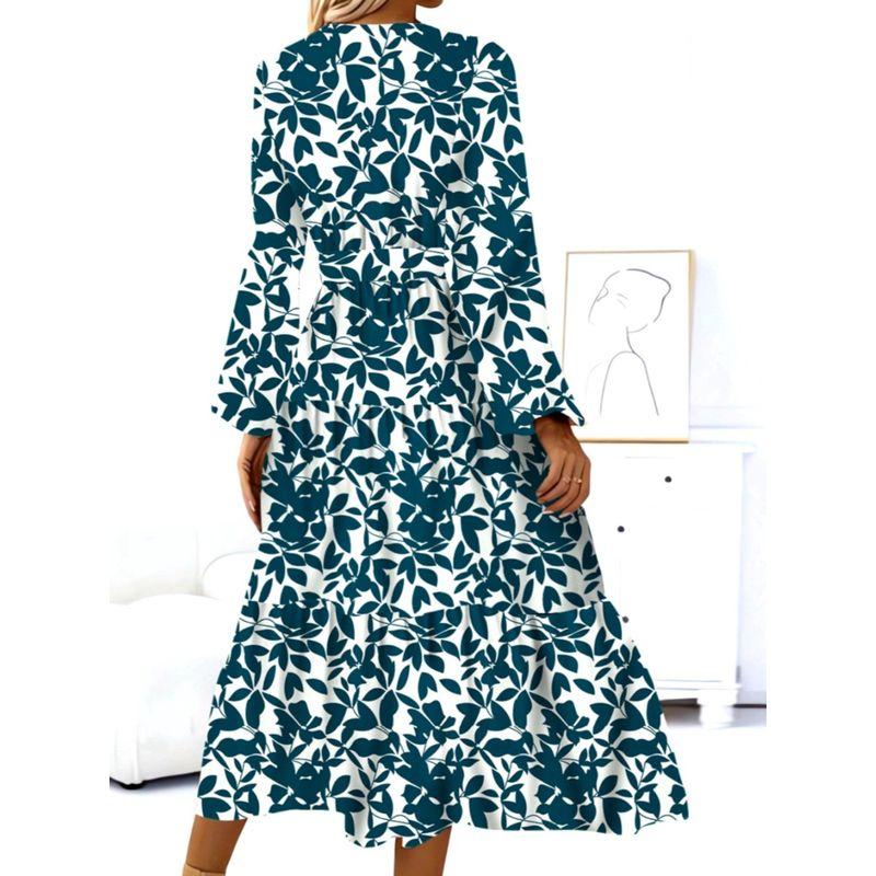 Bohemia European American Summer New Fashion V Neck Leaves Print Horn Long Sleeves Mid Length Long Length Dress Dress