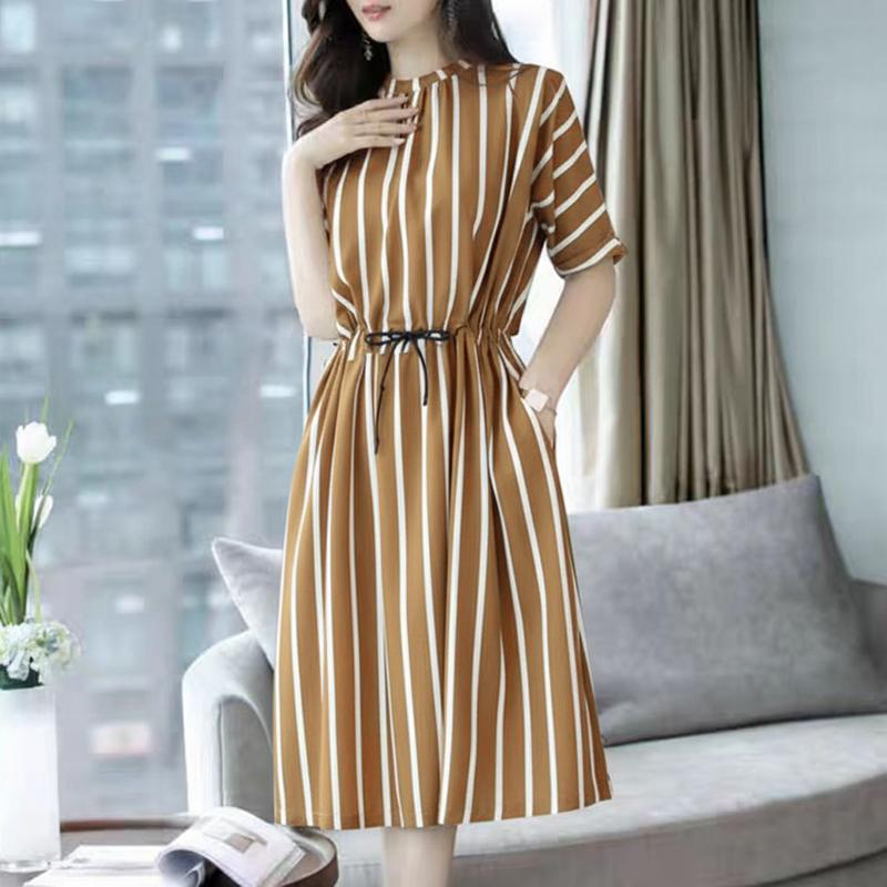 

ZANZEA Женское повседневное летнее платье в полоску с круглым вырезом и рукавом до локтя 5XL хаки