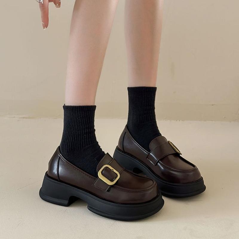 

Женские Новые Лоферы Мэри Джейн на Толстой Подошве в Британском Стиле Увеличение Роста Слипоны Повседневная Мода Лоферы Кожаная Обувь 40