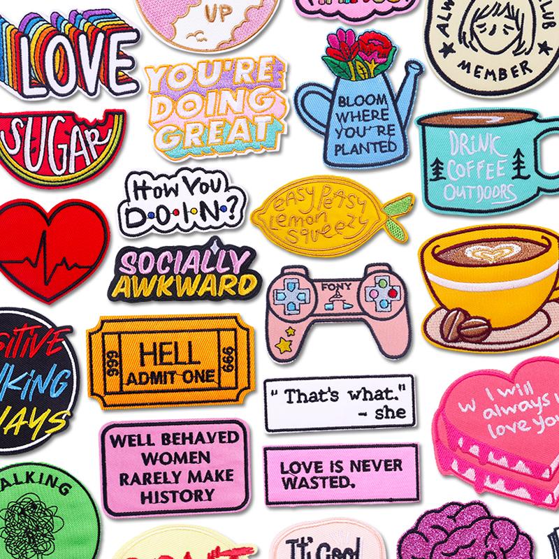 Cartoon Cup/Letter Slogan Embroidered Patches Hats Jackets Embroidery DIY Iron On Patches For Clothing Thermoadhesive Patches