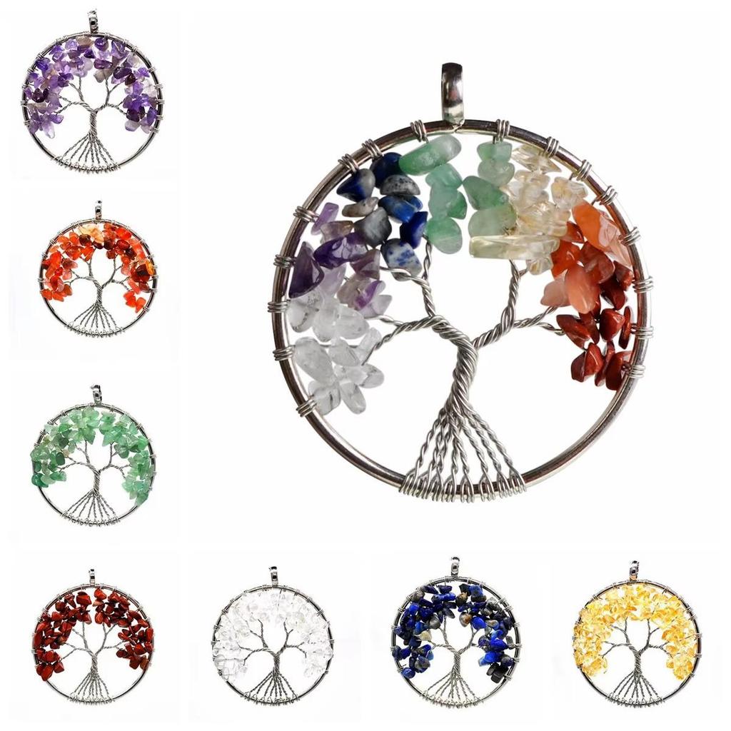 Cross-Border Natural Jade Tree of Life Necklace with Seven-Colored Crushed Stone Crystals