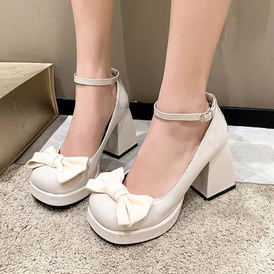2024. gada Bowtie potītes siksnu sūkņi sievietēm Balck White Platformas augstpapēžu platforma Mary Janes Woman Square Heel lakādas ballīšu apavi