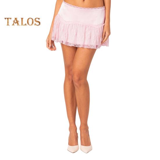 

Женская мини-юбка с низкой талией, кружевной строчкой, эластичной многослойной плиссировкой и оборками, короткая юбка А-силуэта, струящаяся юбка с цветочным подолом XL розовый