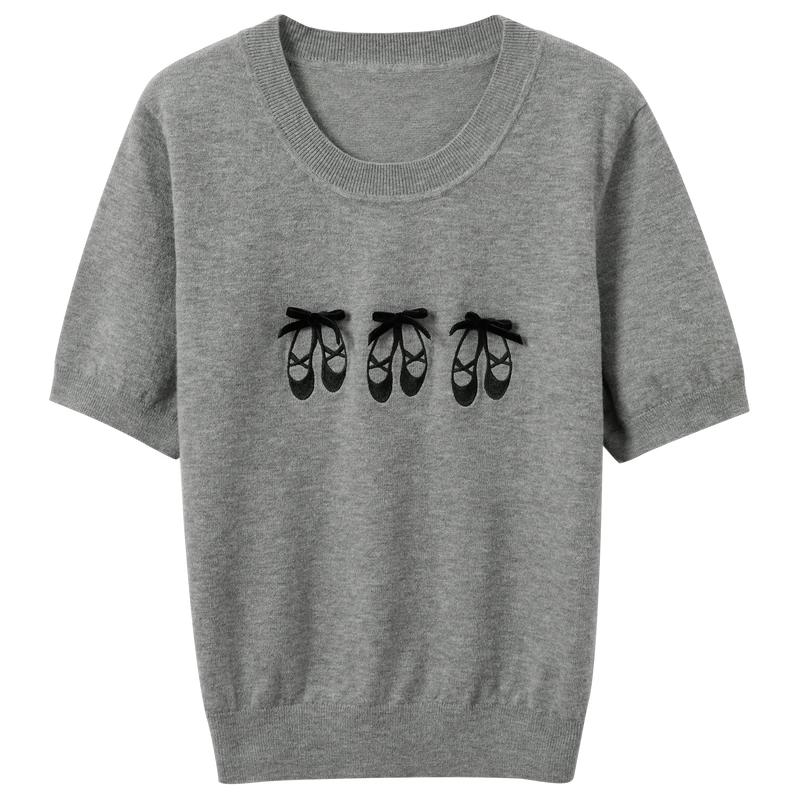Sancai Plus Size Embroidered Ballet Shoe Short Sleeve Knit Top XXXL