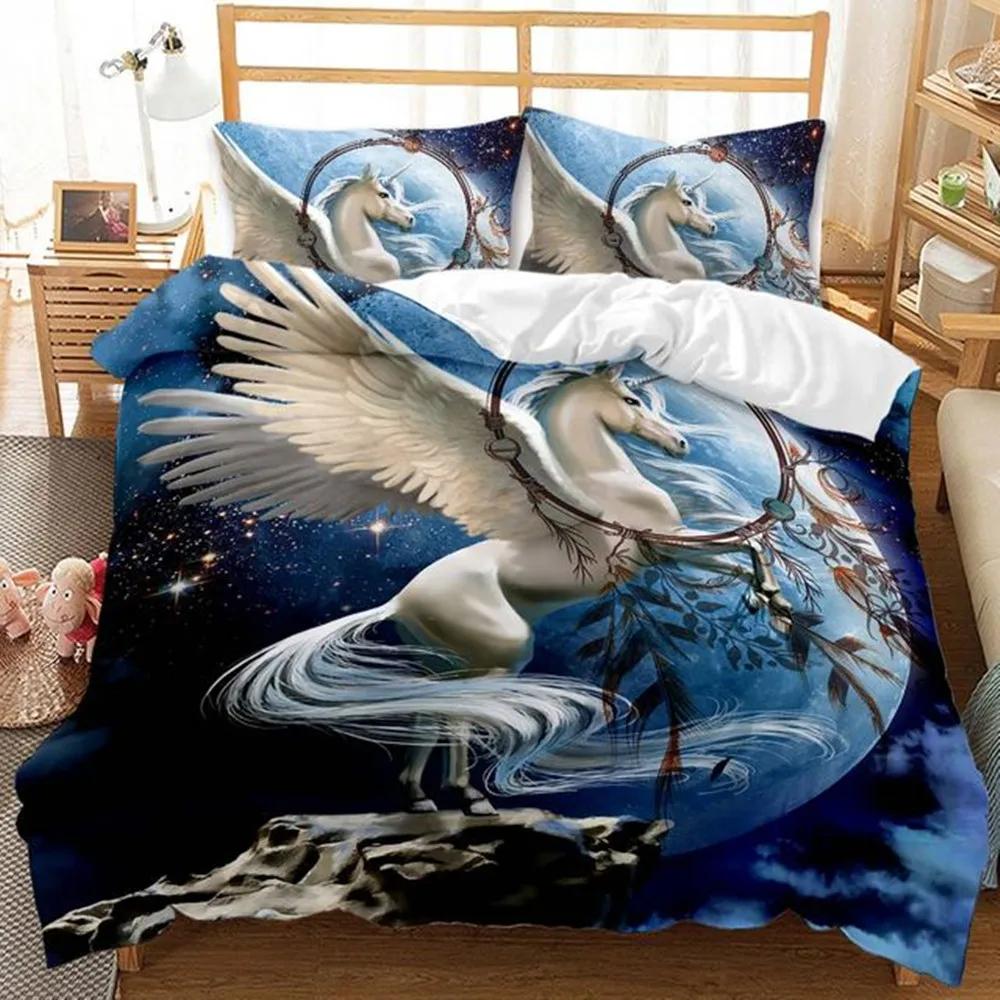 

New Unicorn Duvet Cover For Children Boys Girls Cute Pink Comforter Cartoon Animals Fairy Tale Theme Bedroom Decorations Queen EU Single(135*200cm)3pcs