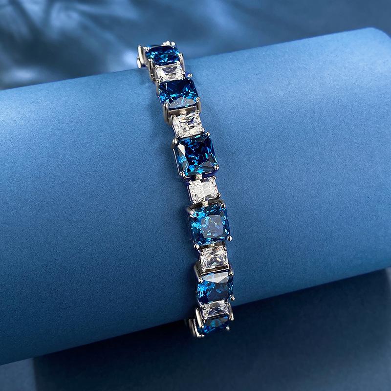 Luoxi Temple 2024 S925 Silver Blue Ice Flower Cut Simulated Diamond Bracelet