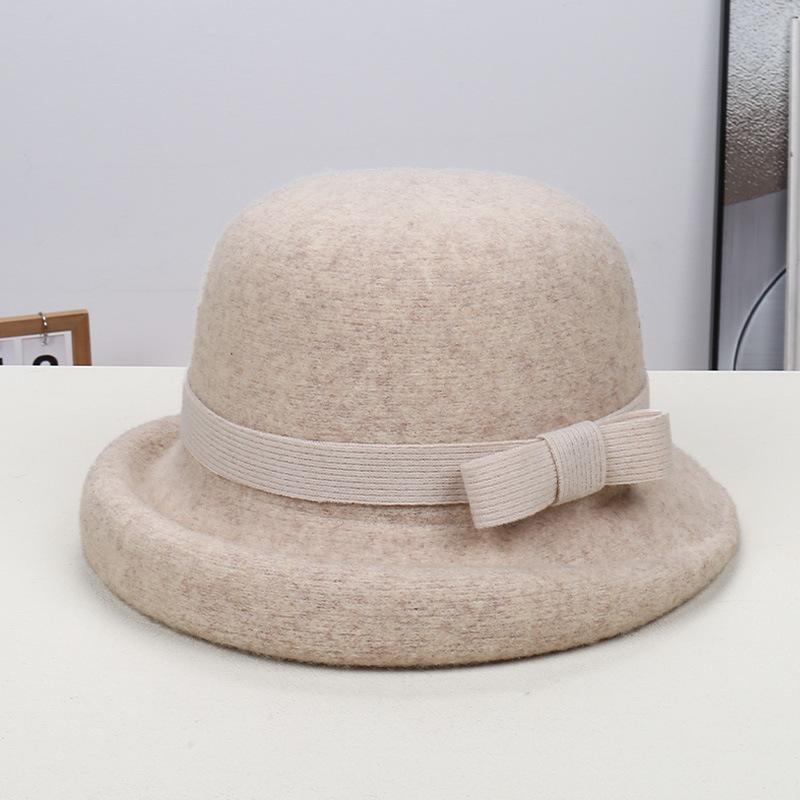 Fashion new French retro cashmere blended basin hat high-end temperament bow elegant small fresh top hat