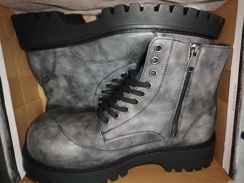 Reißverschluss High Top Herren Grau Britischer Cowboy Leder Hohe Sohle Herrenschuhe Mittelhoch Lokomotiv-Tooling Sneakers Stiefel