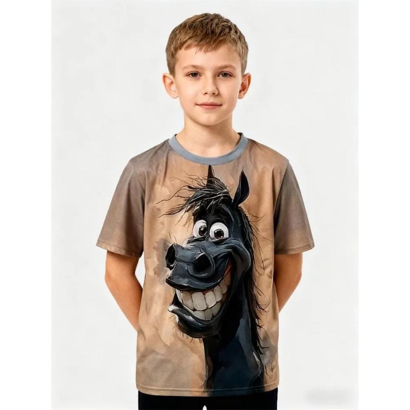 Sommar Rund Hals Tecknad Mode Roligt Mönster Kreativ Färgglad Tryckning Mjuk Bekväm Barn Kortärmad T-shirt