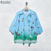 ZANZEA Damen Lässig Umlegekragen Locker 3/4 Ärmel Print Bluse