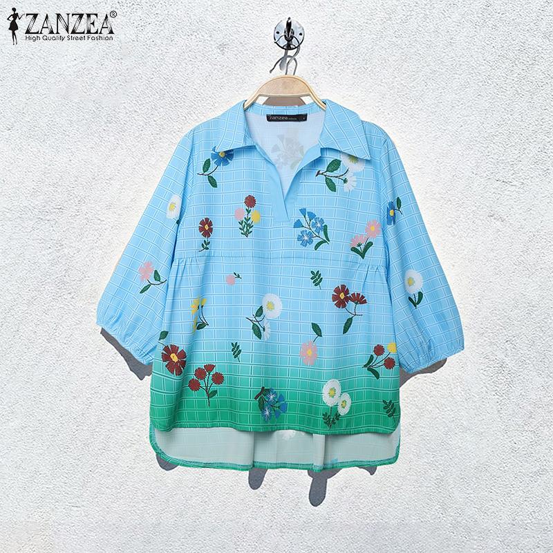ZANZEA Damen Lässig Umlegekragen Locker 3/4 Ärmel Print Bluse