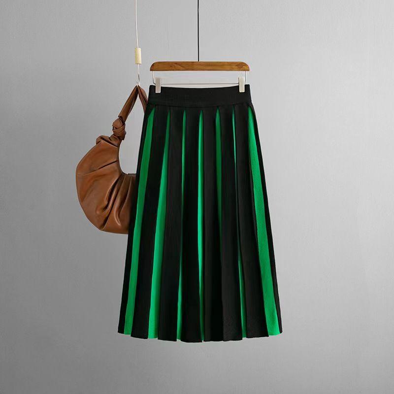 

Fashion New Arrival Retro High Waist Knit Contrast Color Fit Skirt High Waisted Knitted Skirt Green Black One size