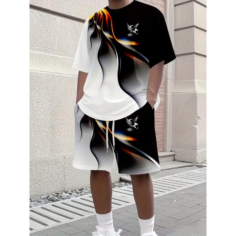 Мужской комплект из футболки и шорт Color Block с 3D-орлом Модный мужской и женский комплект из двух футболок для улицы, повседневный, спортивный, костюм S