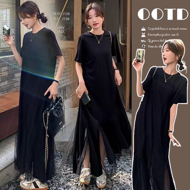 2026 Summer Fashion Maternity Knit & Mesh Long Dress Extra Large