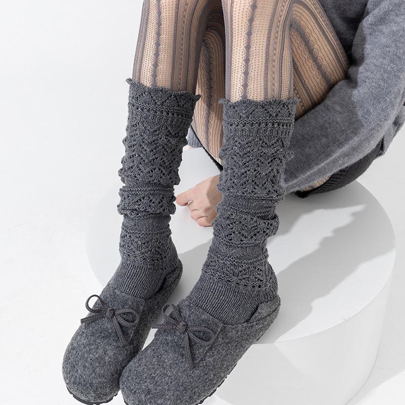 Boots Are Still Cotton Stacking Socks, Relief Hollow Calf Socks, Warm Knitted Retro Gray Heavy Industry Long Tube