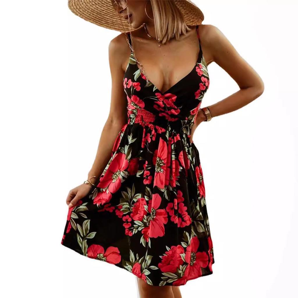 2024 European & American V-Neck Printed Sexy Suspender Waist-Cinching Dress