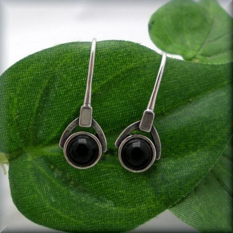 Vintage Simple Silver Color Metal Round Inlaid with Black Stones Dangle Earrings for Women