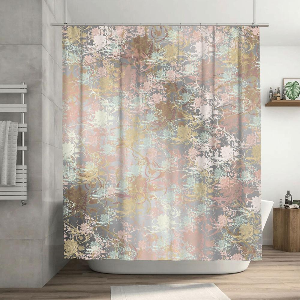 Artistic Pink White Floral Print Shower Curtain for Bathroom Decor Waterproof Polyester Fabric with Hooks Included Size: 69x70in