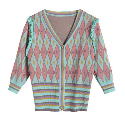 Spring Autumn Women V-neck Casual Beading Plaid Single Breasted Knitted Sweater Cardigan Top