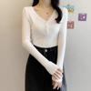 Autumn Winter V-neck Top Slim Fit Short Solid Color Inner Long Sleeve Base Knit Sweater Women's