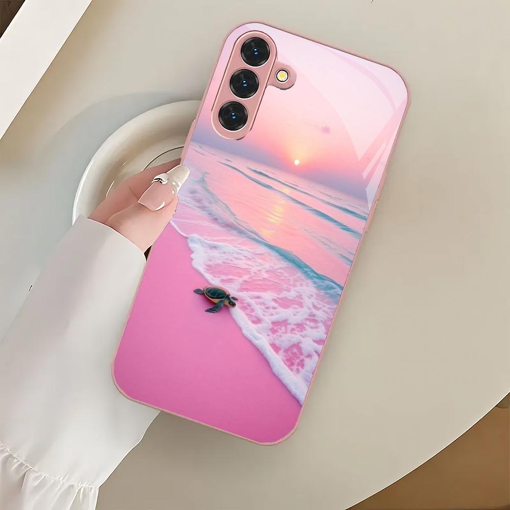 Turtle Seaside Glass Phone Case Suitable for Samsung Galaxy S26 S25 S24 S23 S22 S20 FE/Ultra/Plus Shock resistant Rear Cover