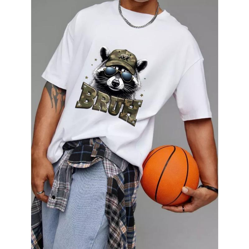 Cotton T Shirt White Raccoon Wearing Camouflage Hat and Sunglasses Bruh Text Print Casual Wear for Men and Women Outdoor Activities Streetwear Fashion