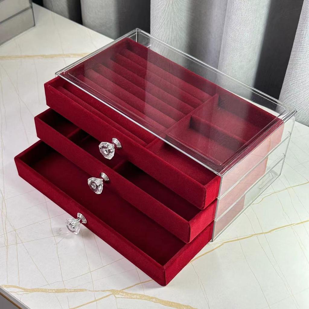 Burgundy Flannel Jewelry Storage Box, Earrings, Earrings, Storage Box Jewelry, Dust-proof Drawer-type Jewelry Case, Dressing Table Collection