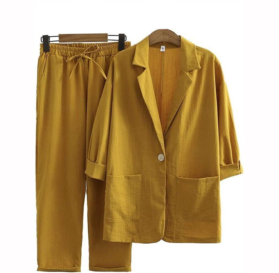 Women's Autumn Commuting Suit Set Cotton Linen Jacket Pants Pocket Loose Fashionable Casual Wear